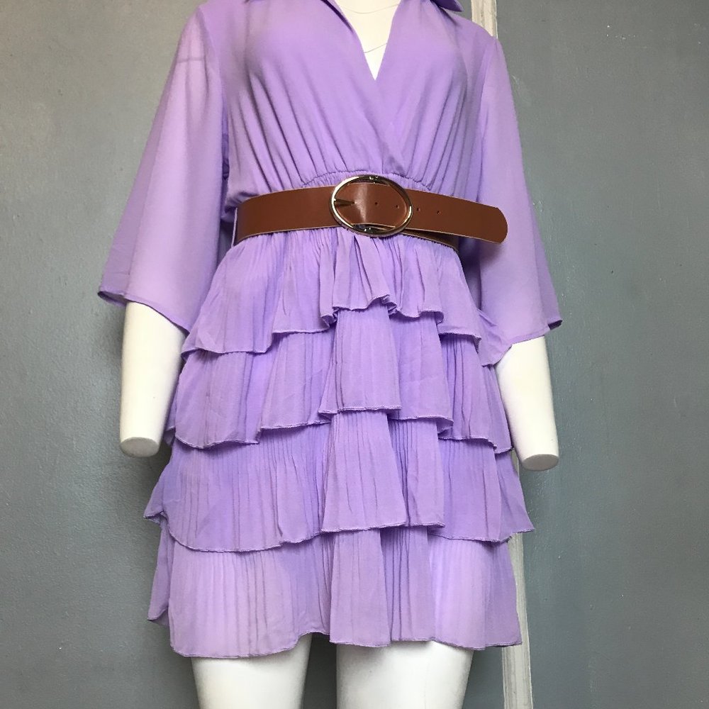 🍀 ZARA PLEATED RUFFLED LILAC DRESS WITH BELT_6